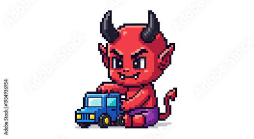 Cute Pixel Art Devil Character Playing with Toy Car.