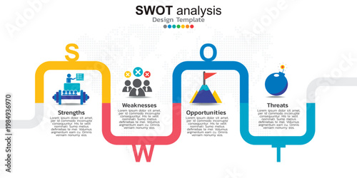 A SWOT analysis template with colorful design elements on a white background