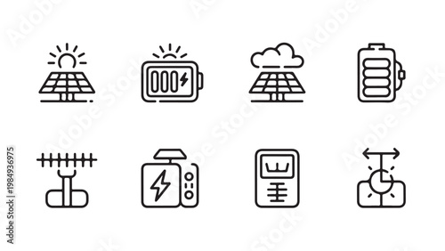 Solar energy and power generation line icons including solar panels, batteries, and meters.