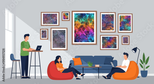 People working and relaxing in a modern living room.