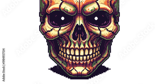 Detailed Pixel Art Skull with Glowing Eyes and Cracked Texture.