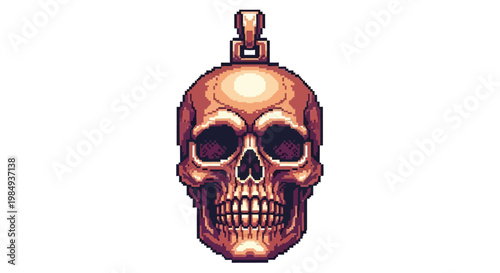 Detailed Pixel Art Skull Pendant with Ornate Bail.