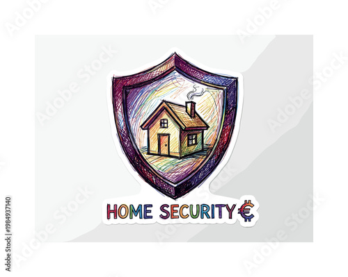 Hand-drawn house protected by a colorful shield, symbolizing home security