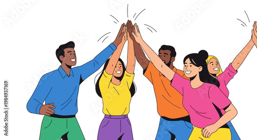 Diverse group of friends celebrating success with high fives.