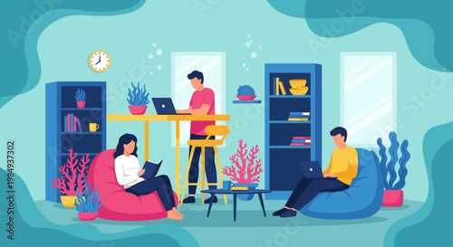 People working and studying in a modern co-working space.