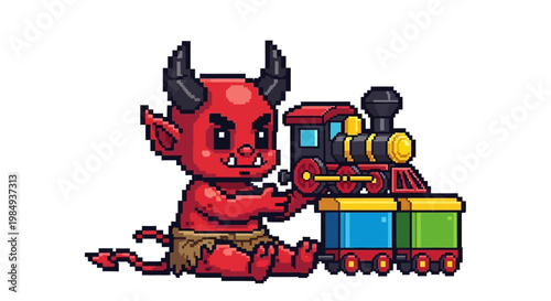 Cute Pixel Art Devil Playing with Toy Train.