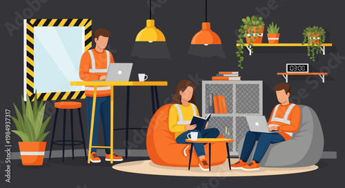 Diverse group of people working and relaxing in a modern office space.