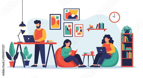 Diverse group of people working and studying together.