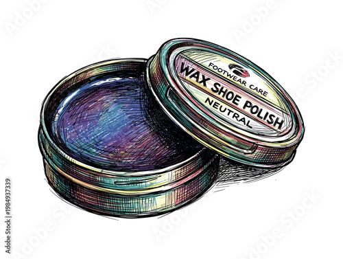 Open tin of neutral wax shoe polish with colorful textured interior