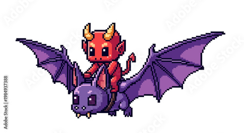 Cute Pixel Art Devil Riding a Bat.