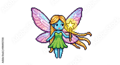Cute Pixel Art Fairy Holding a Star Wand.