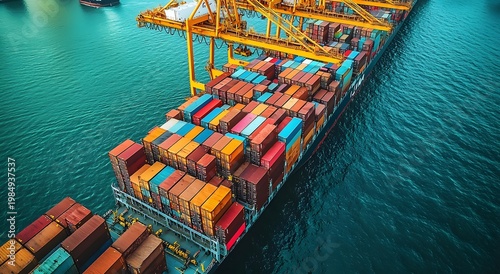 Cargo vessels docked beside busy container yard at sunrise picture