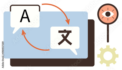 Global communication, language learning, translation technology, multilingual interaction, digital tools, user interface. Speech bubbles with arrows and icons. Global communication and language