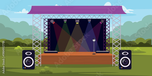 Vector illustration of a beautiful stage for a performance in the park. Cartoon landscape scene with a street stage, colorful spotlights, music speakers, microphone, bushes, grass, sky with clouds.