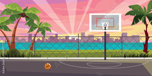 Vector illustration of outdoor basketball court. Cartoon cityscape scene with basketball court, sunrise, basketball net, ball, coconut trees, bushes, grass, fence, river, silhouettes of houses.