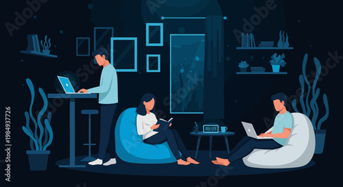 People working and relaxing in a modern co-working space.