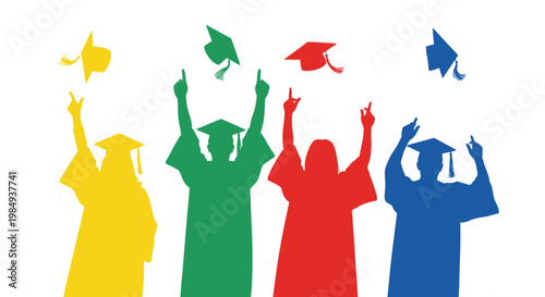 Graduates toss caps in the air, celebrating educational achievement and future success in colorful academic robes against a white background.