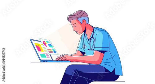 Doctor working on laptop computer with stethoscope around neck.