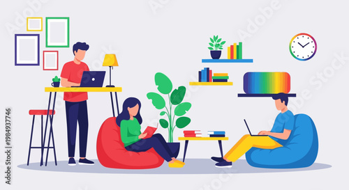 People working and relaxing in a modern co-working space.