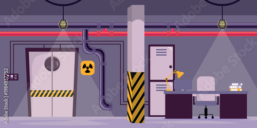 Vector illustration inside a bunker. Cartoon scene of a bunker with a door, pipes, a radiation hazard sign, yellow and black tape, a table, a computer, folders, a chair, switches, light bulbs.