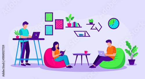 People working and studying in a modern coworking space.