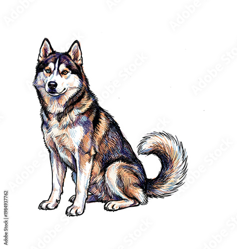 Artistic Siberian Husky with striking heterochromia sits patiently on a white background