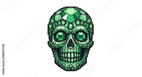 Emerald Skull Gemstone Pixel Art Design.