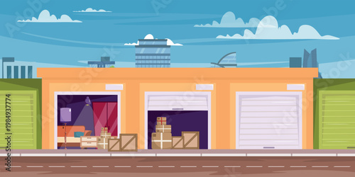 Vector illustration of a city landscape with a self-service storage. Cartoon scene of storage rooms with personal belongings, three compartments: sofa, wardrobe, cabinet, floor lamp, road, houses.