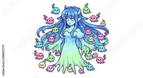 Enchanting Blue Haired Spirit Surrounded by Cute Ghosts.