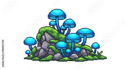 Enchanting Blue Mushrooms Growing on Mossy Rocks.
