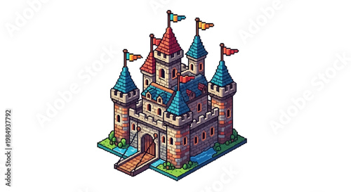 Enchanting Medieval Castle Illustration with Colorful Flags.
