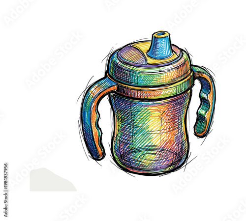 Colorful hand-drawn sippy cup with handles and a spout, isolated on white
