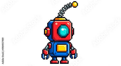 Cute Pixel Art Robot Character with Antenna.