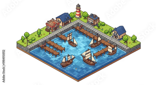 Isometric Harbor Scene with Sailing Ships and Lighthouse.
