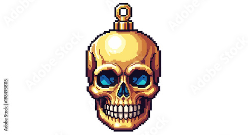 Golden Skull Pendant with Blue Eyes Pixel Art.