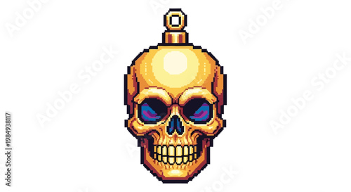 Golden Skull Ornament with Blue Eyes and Hanging Loop.