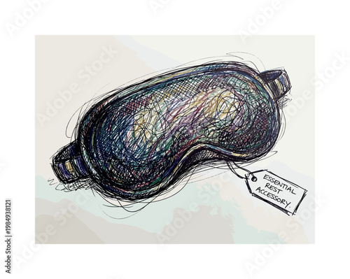Colorful hand-drawn sleep mask with a tag that says essential rest accessory