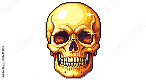 Golden Skull With Fiery Eyes Pixel Art Illustration.