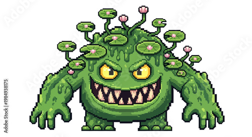 Green Monster Creature with Lily Pads and Spikes.