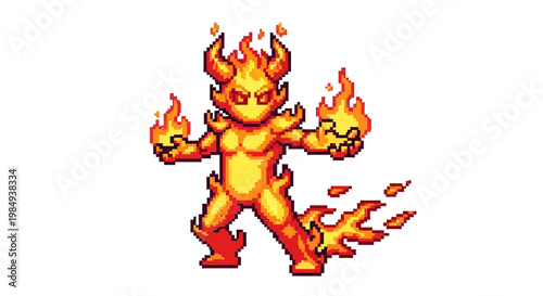 Fiery Pixel Art Character with Flaming Hands.
