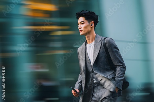 Young Asian male professional in gray suit walking briskly through a modern urban setting in Seoul, holding a smartphone and wearing wireless earbuds