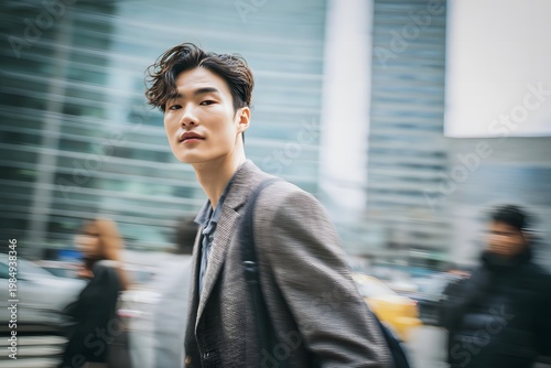 Young Asian male professional in a stylish blazer walking through a busy Seoul business district with blurred cityscape and pedestrians in the background