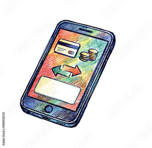 Hand-drawn illustration of a smartphone displaying digital payment and money transfer icons