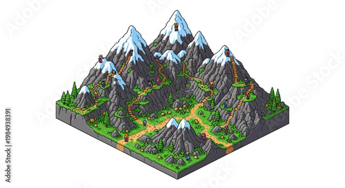 Isometric Mountain Landscape with Forest and Paths.