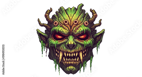 Horrifying Green Monster Face with Glowing Red Eyes and Sharp Teeth.