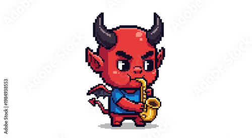Cute Red Devil Character Playing Saxophone Pixel Art.