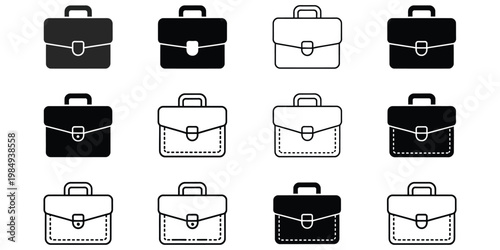 Collection of Briefcase Icons in Black and White, Business Bag Silhouettes Set, Office Portfolio Symbols, Professional Work Accessories, Minimal Monochrome Vector Illustration Isolated