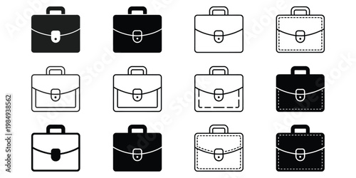 Collection of Briefcase Icons in Black and White, Business Bag Silhouettes Set, Office Portfolio Symbols, Professional Work Accessories, Minimal Monochrome Vector Illustration Isolated