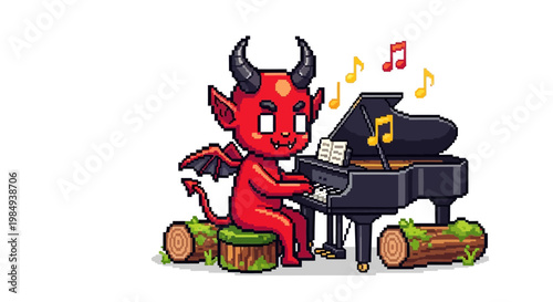 Cute red devil playing grand piano with musical notes.