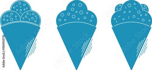 Ice cream in waffle cones with milk cream, candy balls, powdered sugar and chocolate crumbs. Sweet and cold ice cream, simple vector icons. Sweet food